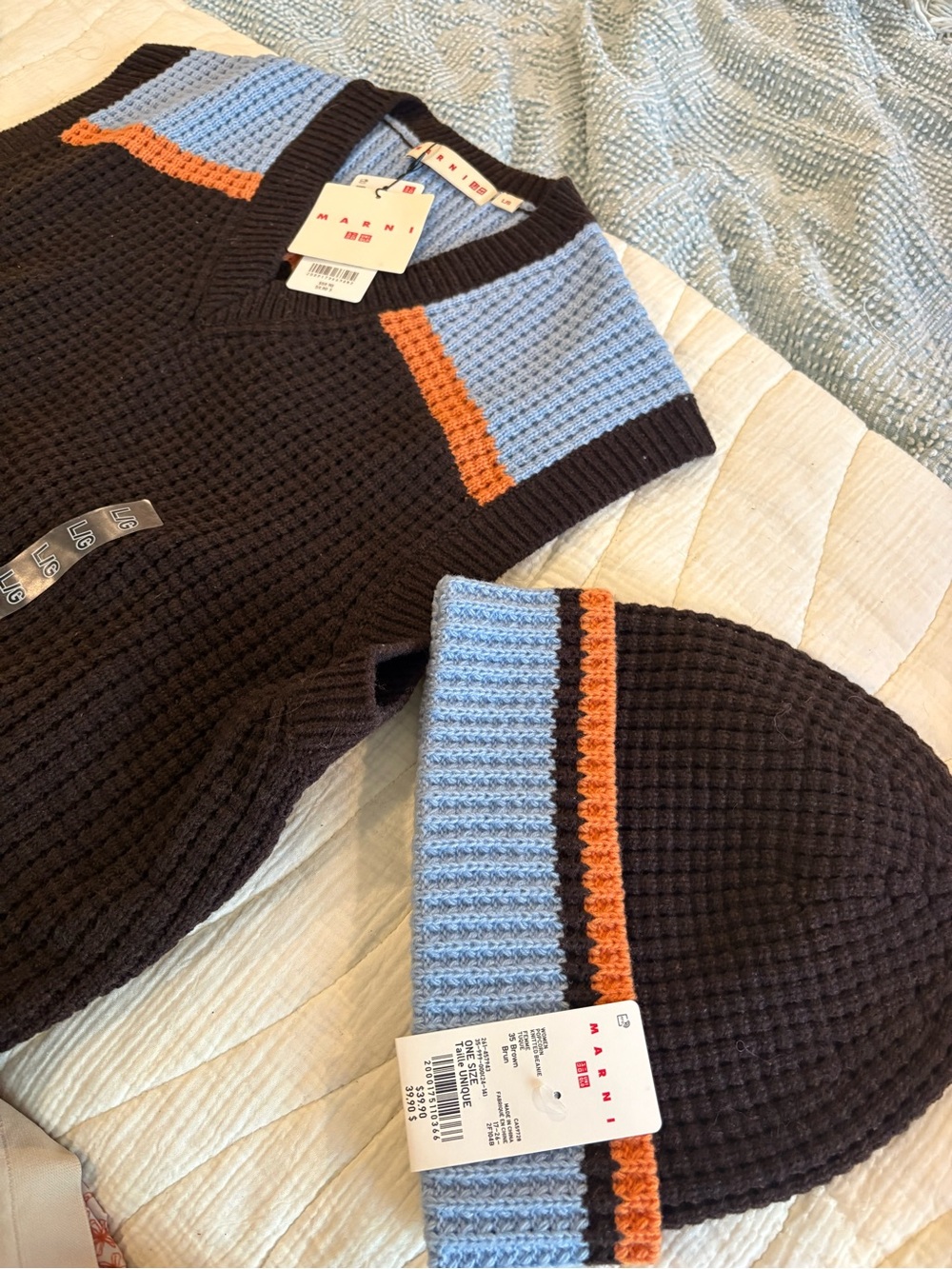 Marni Brown Knit V-Neck Vest & Beanie with Light Blue and Orange Trim